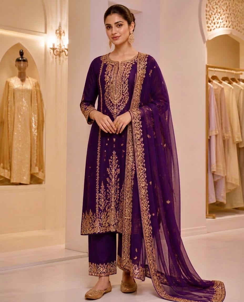 Designer maroon and gold embroidered suit by Ban Sanwar Boutique Bhopal
